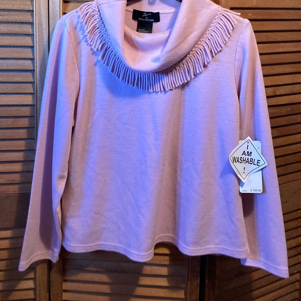 Lennie for Nina Leonard Pink Cowl Neck Fringed Collar Knit Sweater - Picture 7 of 16